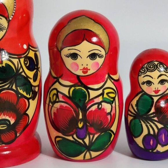 Hand Painted Russian Matryoshka Nesting Dolls Set Of 5 Red Floral Design Traditi - Picture 6 of 12